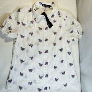 Allegra K Women's Turndown Collar Button Up Floral Top Blouse White Size Small